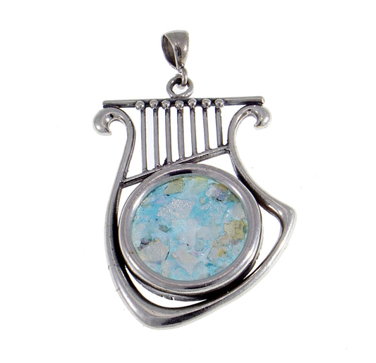Beautiful 925 Sterling Silver Pendant, Ancient Roman Glass Pendant, Harp, Roman Glass Jewelry image 0
