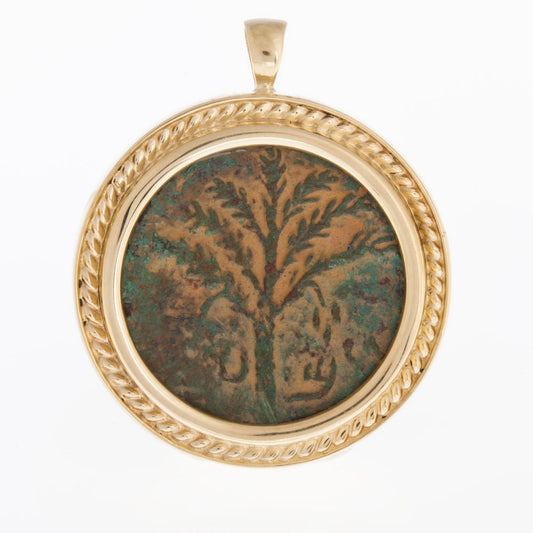 14k Yellow Gold Antique Authentic Bar Kochba Bronze Coin Pendant - Jerusalem image 0