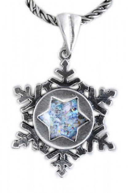 Beautiful Ancient Roman Glass Pendant, 925 Sterling Silver Pendant, Roman Glass Jewelry, Snow Flake, Gift image 0