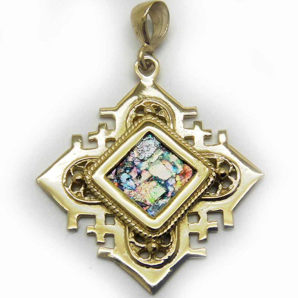 Unique 14K Yellow Gold Cross, Ancient Roman Glass Pendant, Rhombus Gold Pendant, Roman Glass Jewelry image 0