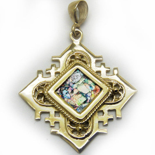 Unique 14K Yellow Gold Cross, Ancient Roman Glass Pendant, Rhombus Gold Pendant, Roman Glass Jewelry image 0