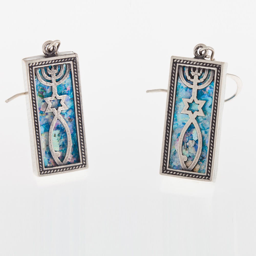 Magen David, Menorah, Dangle 925 Sterling Silver- Ancient Roman Glass Earrings grafted-in image 0
