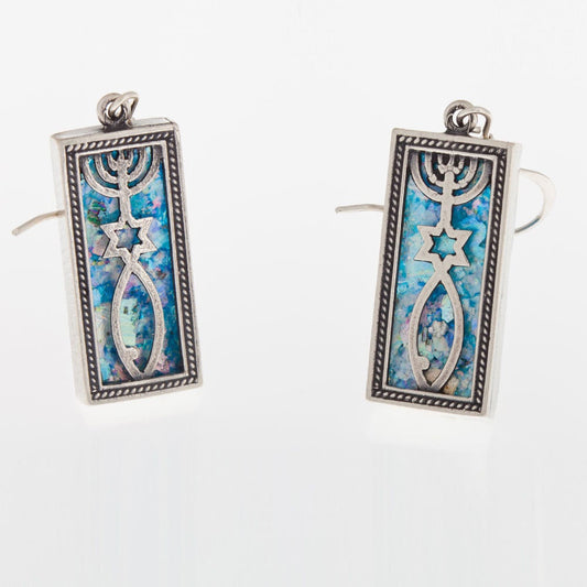 Magen David, Menorah, Dangle 925 Sterling Silver- Ancient Roman Glass Earrings grafted-in image 0