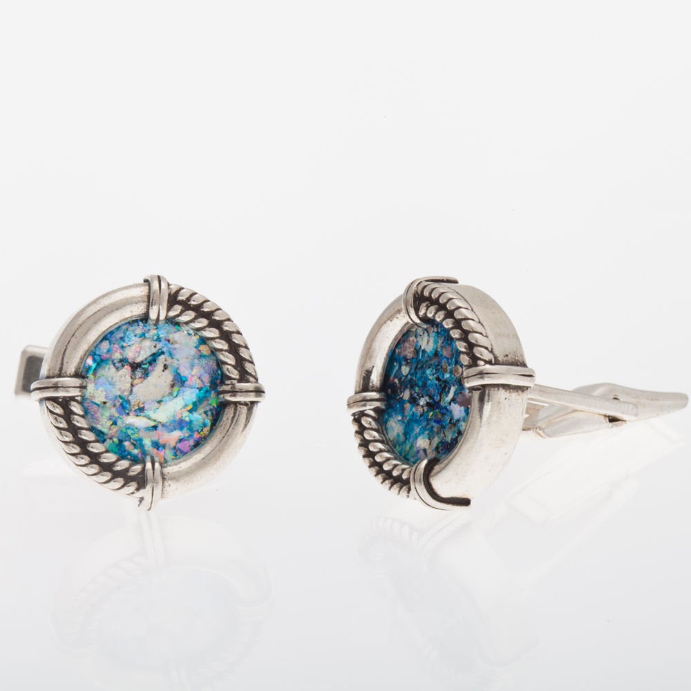 Stylish Sterling Silver 925 Authentic Roman Glass Cuff Links Men Jewelry image 0