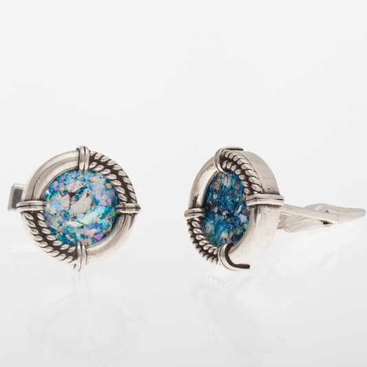 Stylish Sterling Silver 925 Authentic Roman Glass Cuff Links Men Jewelry image 0