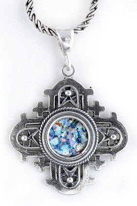 Unusual 925 Sterling Silver Pendant, Ancient Roman Glass Pendant, Jerusalem Cross, Roman Glass Jewelry, OOAK image 0