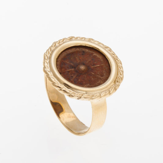 Ring 14K Yellow Gold Antique Rare Bronze Widows Mite Coin Ring,Unique image 0