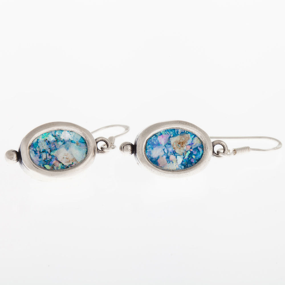 Oval Dangle 925 Sterling Silver Ancient Roman Glass Earrings-Unique Design image 0