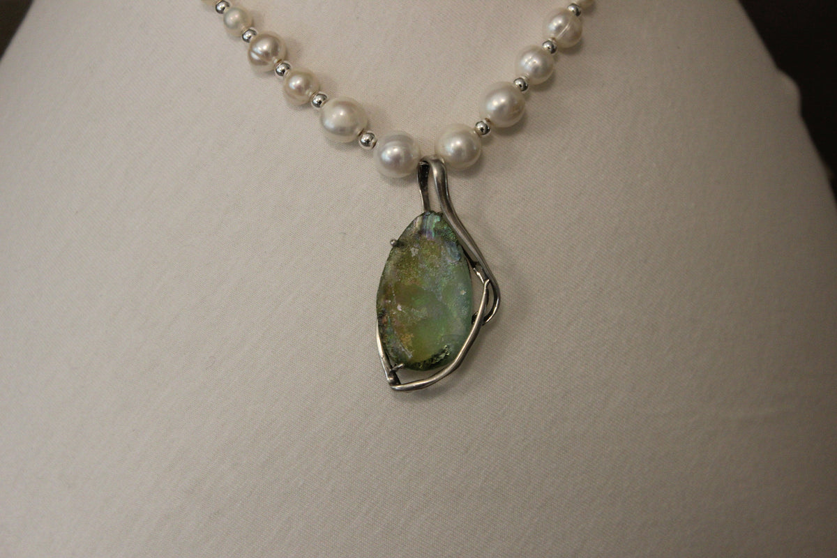 Necklace - 925 Sterling Silver Ancient Roman glass with pearls Original Gift image 0