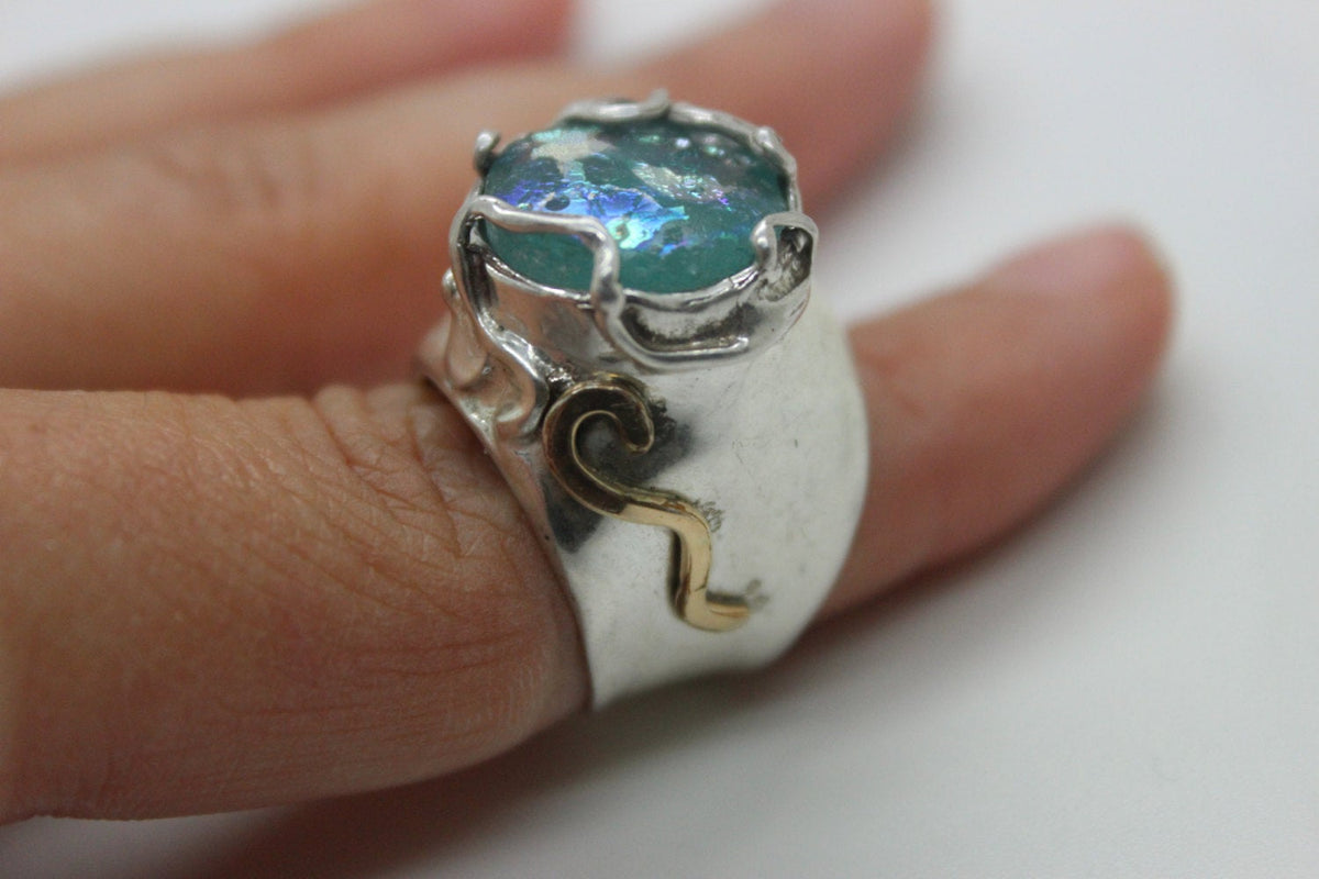 Nice 925 Sterling Silver Ring, Filled Gold Ring, Ancient Roman Glass Ring, Roman Glass Jewelry image 1