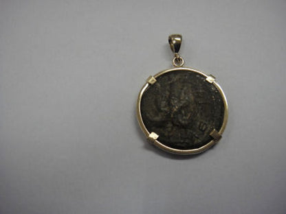 Antique Coin Pendant, 14k Yellow Gold Pendant, Authentic Bar Kochba Bronze Coin, Ancient Coin Jewelry image 1
