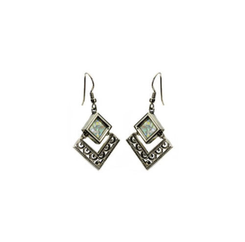 Filigree Dangle Earrings, 925 Sterling Silver Earrings, Ancient Roman Glass Earrings, Original Gift image 0