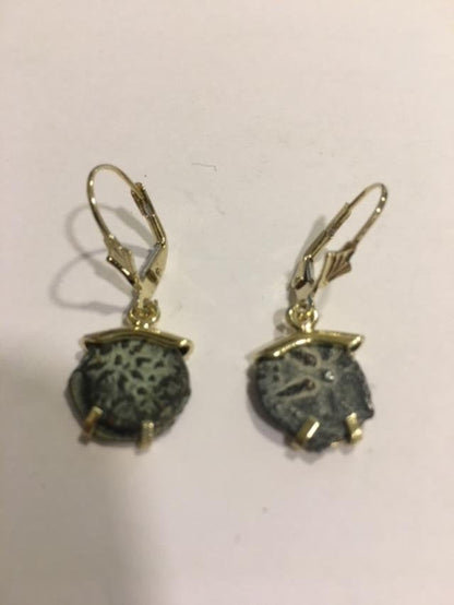Authentic Antique Coin Earrings, 14K Yellow Gold Earrings, Bronze Widow's Mite Coin image 0