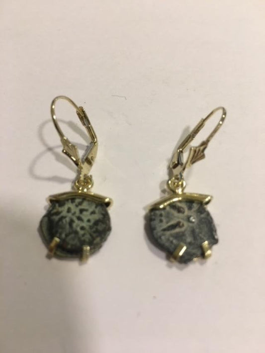 Authentic Antique Coin Earrings, 14K Yellow Gold Earrings, Bronze Widow's Mite Coin image 0