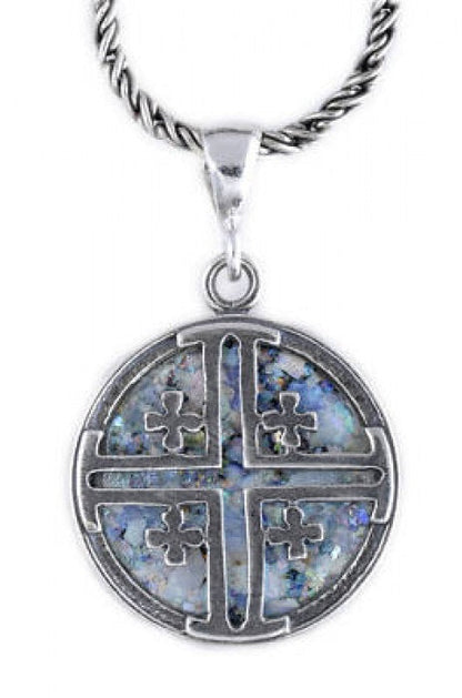 Special 925 Sterling Silver Pendant, Ancient Roman Glass Pendant, Jerusalem Cross, Roman Glass Jewelry, OOAK image 0