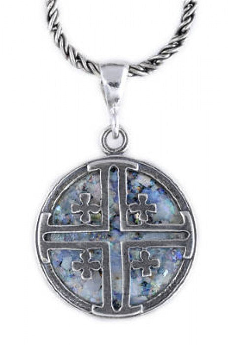 Special 925 Sterling Silver Pendant, Ancient Roman Glass Pendant, Jerusalem Cross, Roman Glass Jewelry, OOAK image 0