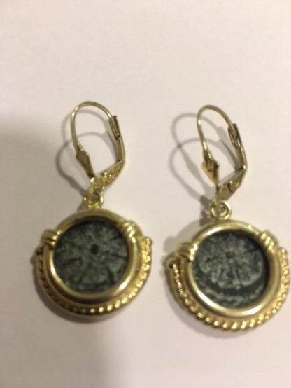 Authentic Antique Coin Earrings, 14K Yellow Gold Earrings, Bronze Widow's Mite Coin image 0