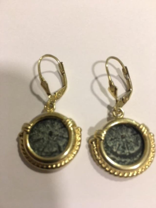 Authentic Antique Coin Earrings, 14K Yellow Gold Earrings, Bronze Widow's Mite Coin image 0