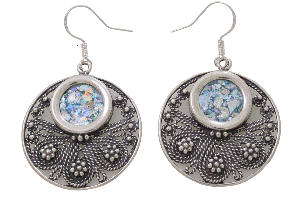 Dangle Earrings, Chandelier 925 Sterling Silver Earrings, Ancient Roman Glass Earrings, Filigree Design, Unique Jewelry image 1