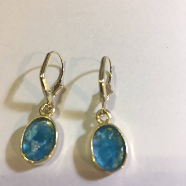 Ancient Roman Glass Earrings, 14K Yellow Gold Earrings, Woman Dangle Rhombus Earrings, Unique Jewelry image 2