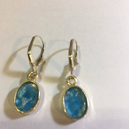 Ancient Roman Glass Earrings, 14K Yellow Gold Earrings, Woman Dangle Rhombus Earrings, Unique Jewelry image 2