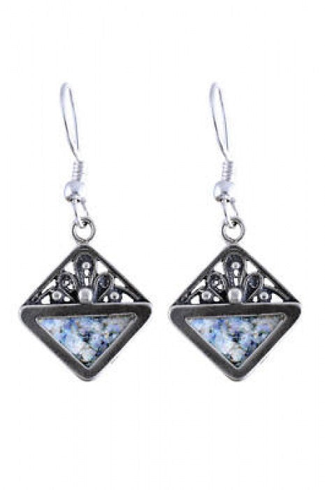 Filigree Earrings, Rhombus OOAK 925 Sterling Silver Earrings, Roman Glass Earrings, Unique Jewelry image 0