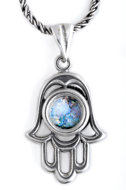 Nice 925 Sterling Silver Pendant, Ancient Roman Glass Pendant, Hamsa Chai Pendant, Judaica, Unique Jewelry image 0