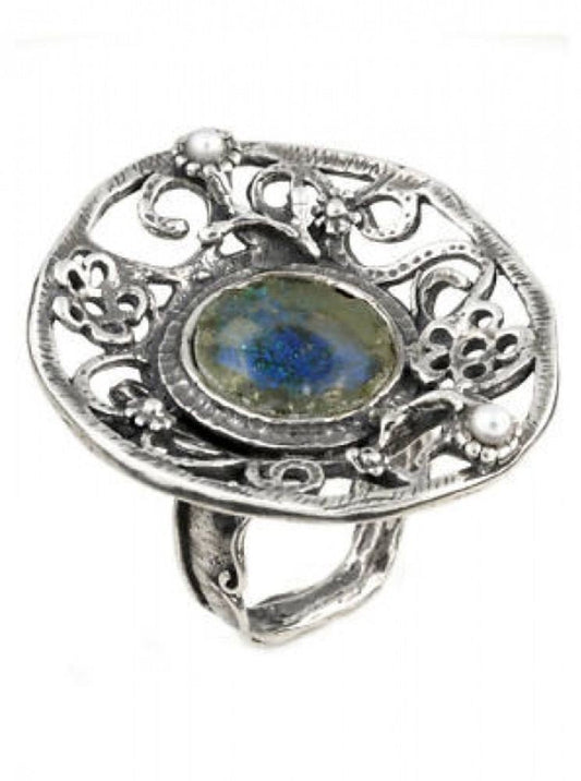 Beautiful 925 Sterling Silver Ring, Ancient Roman Glass Ring, Pearl Ring, Unique Jewelry image 0