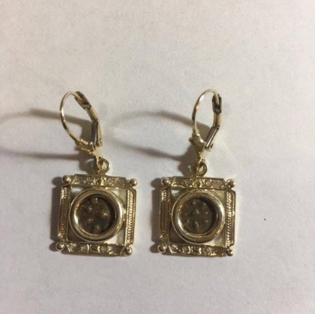 Earrings-14K Yellow Gold and Antique Rare Bronze Widow's Mite Coins image 1