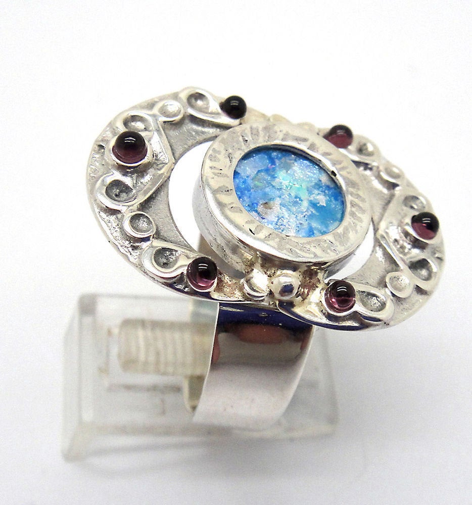 925 Sterling Silver Ancient Roman Glass Garnet Ring Unique Jewelry image 3