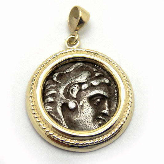 14K Yellow Gold Pendant,  Silver Drachma Coin Alexander The Great, Ancient Coin , Authentic Ancient Coin Jewelry image 0