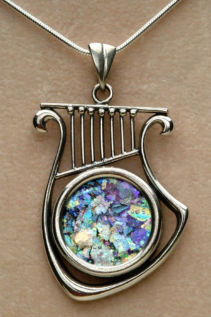 Beautiful 925 Sterling Silver Pendant, Ancient Roman Glass Pendant, Harp, Roman Glass Jewelry image 1