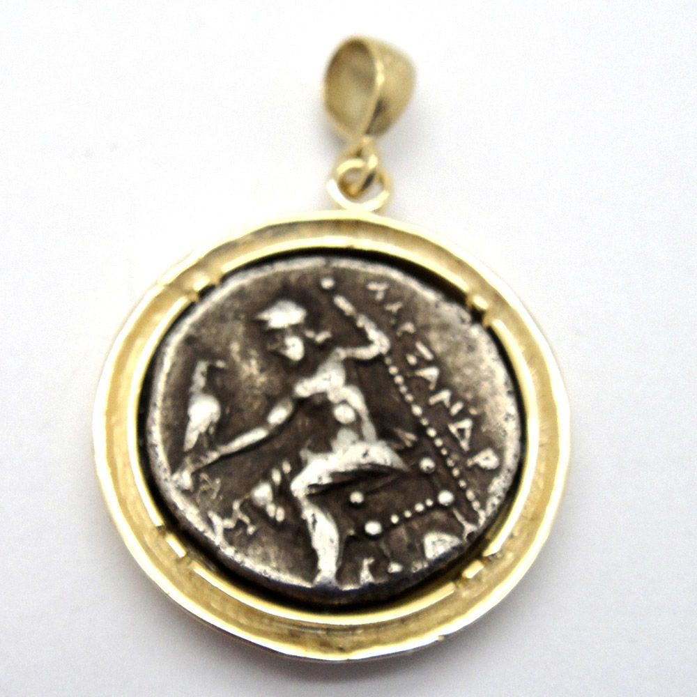14K Yellow Gold Pendant,  Silver Drachma Coin Alexander The Great, Ancient Coin , Authentic Ancient Coin Jewelry image 1