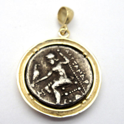 14K Yellow Gold Pendant,  Silver Drachma Coin Alexander The Great, Ancient Coin , Authentic Ancient Coin Jewelry image 1