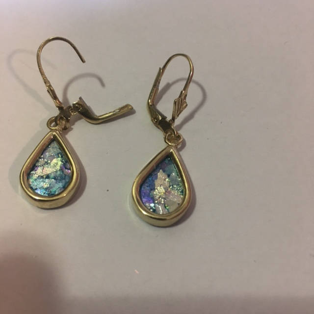Ancient Roman Glass Earrings, 14K Yellow Gold Earrings, Woman Dangle Rhombus Earrings, Unique Jewelry image 1