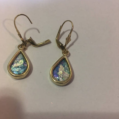 Ancient Roman Glass Earrings, 14K Yellow Gold Earrings, Woman Dangle Rhombus Earrings, Unique Jewelry image 1