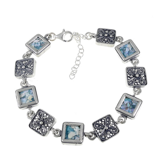 Unusual Ladies Bracelet, 925 Sterling Silver Bracelet, Ancient Roman Glass Bracelet, Unique Jewelry image 0