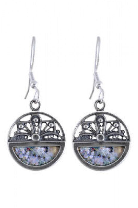 Filigree Round Dangle Earrings, 925 Sterling Silver Earrings, Ancient Roman Glass Earrings, Unique Jewelry, OOAK image 0