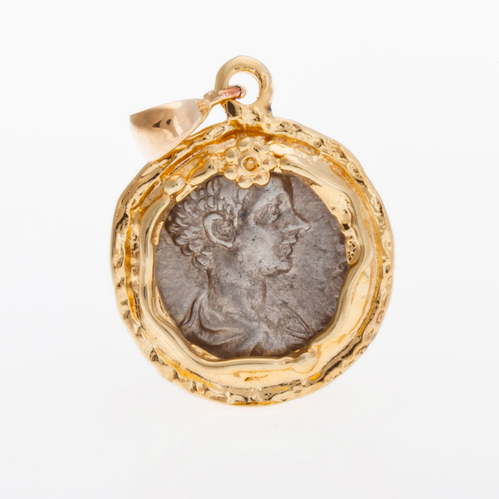 Roman Denar Coin Pendant, 14K Yellow Gold Pendant - Antique Silver Coin image 0