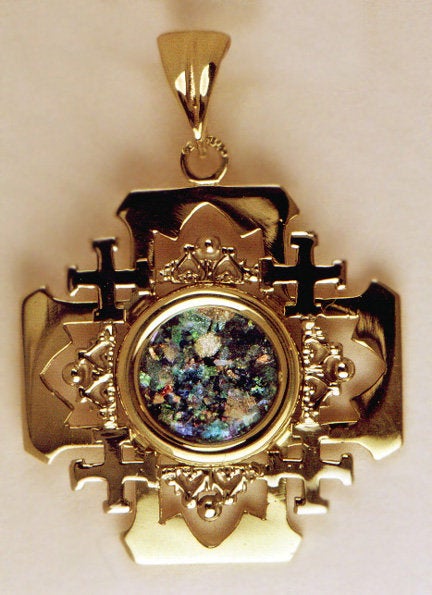 Unique 14K Yellow Gold Jerusalem Cross Filigree , Ancient Roman Glass Pendant, image 0