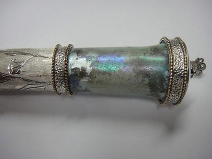 One Of A Kind Beautiful 925 Sterling Silver Mezuzah, Antique Roman Glass Mezuzah, Judaica image 0