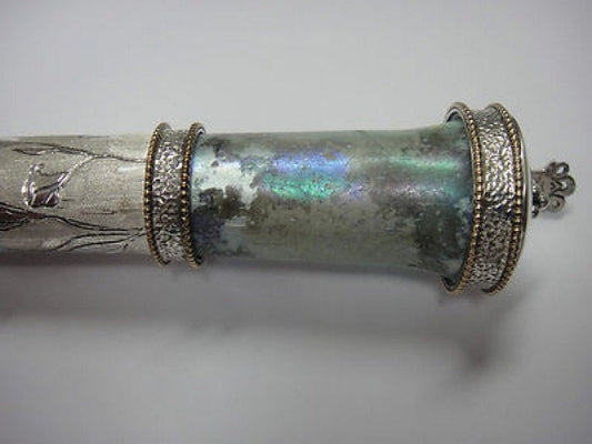 One Of A Kind Beautiful 925 Sterling Silver Mezuzah, Antique Roman Glass Mezuzah, Judaica image 0