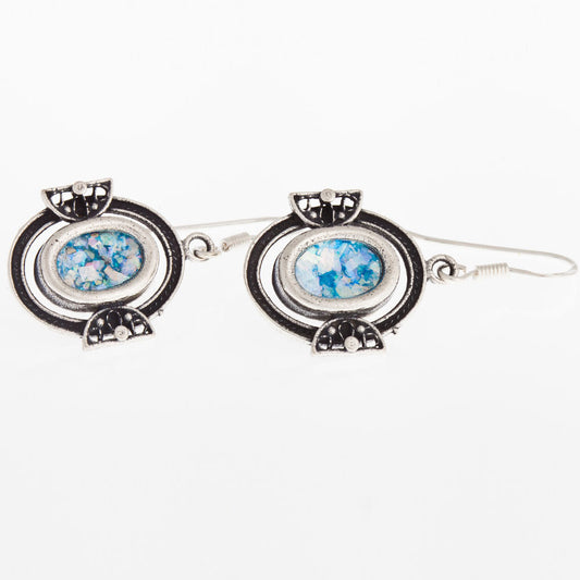 Ancient Roman Glass 925 Sterling Silver Dangle Earrings Unique Design, Feminine image 0