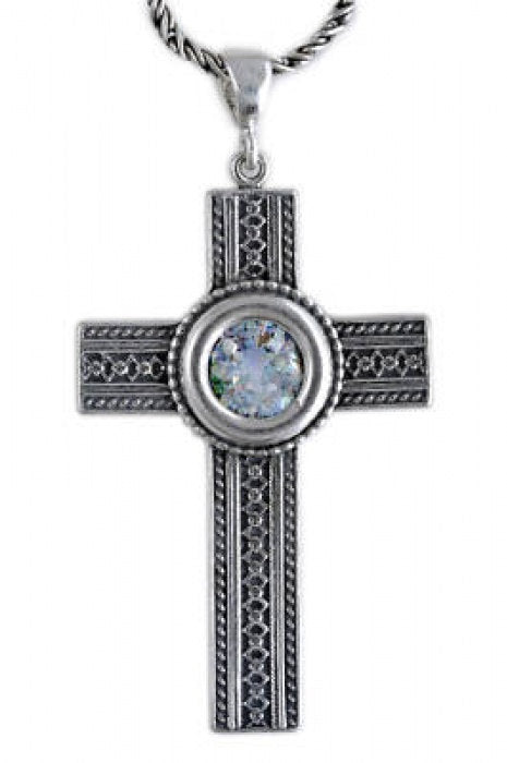 Nice Filigree Cross, Ancient Roman Glass Pendant, 925 Sterling Silver Pendant, Romna Glass Cross, Unique Jewelry image 0