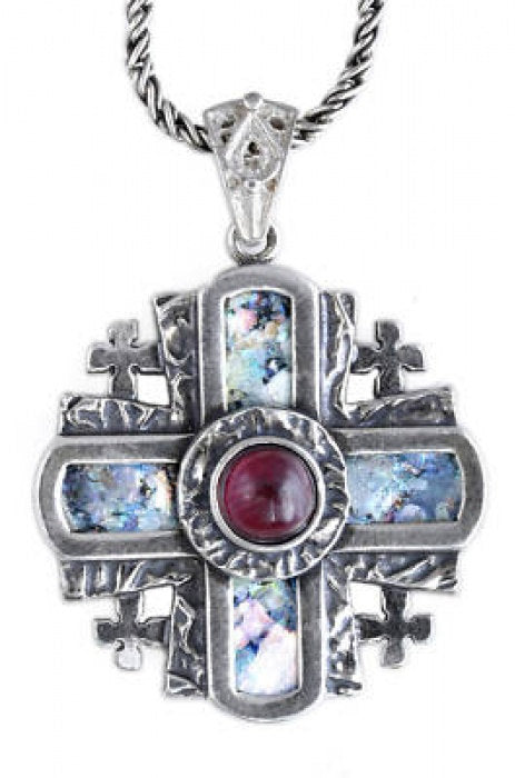 Nice 925 Sterling Silver Pendant, Garnet Pendant, Ancient Roman Glass Pendant, Jerusalem Cross, Unique Jewelry image 0
