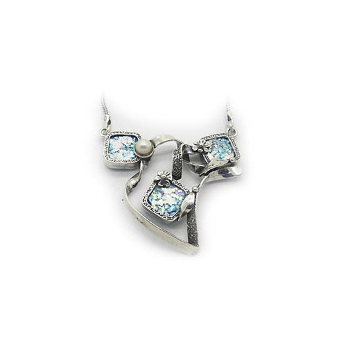 Roman Glass Necklace, Special Woman Choker, 925 Sterling Silver Necklace, Ancient Roman Glass, Pearl Necklace image 0