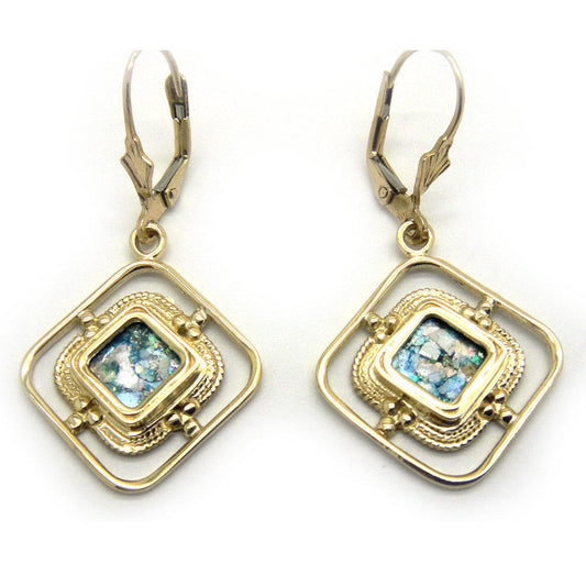 Ancient Roman Glass Earrings, 14K Yellow Gold Earrings, Woman Dangle Rhombus Earrings, Unique Jewelry image 0