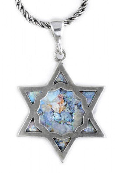 Stylish 925 Sterling Silver Pendant, Ancient Roman Glass Pendant, David Star, Judaica, Roman Glass Jewelry image 0