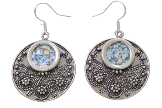 Dangle Earrings, Chandelier 925 Sterling Silver Earrings, Ancient Roman Glass Earrings, Filigree Design, Unique Jewelry image 0