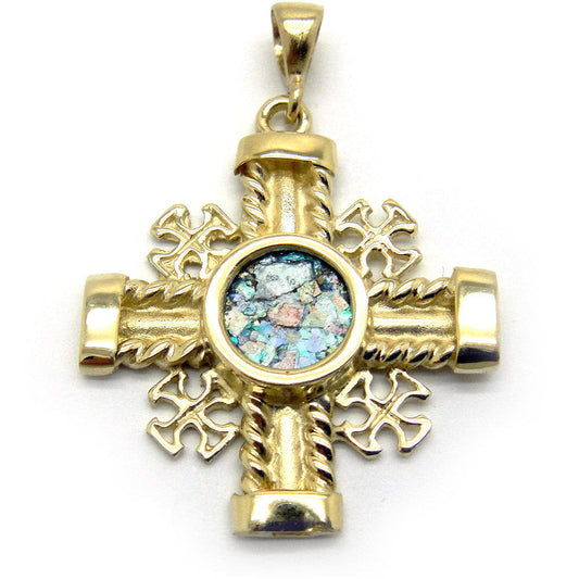 Unique 14K Yellow Gold Cross, Ancient Roman Glass Pendant, Gold Pendant, Unique Jewelry image 0